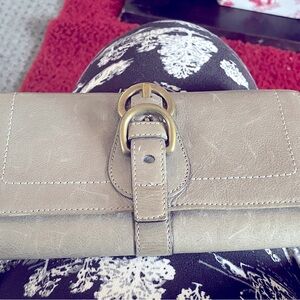 Coach gray leather wallet pink inside credit card and check with coin space.